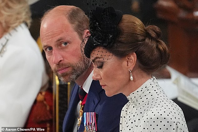 Kate briefly cast her eyes downwards as the Service of Thanksgiving took place at Westminster Abbey on Thursday