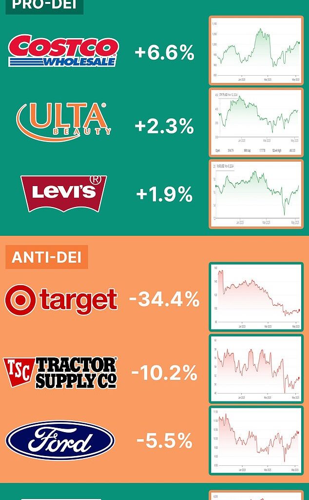 Some of the most visible DEI defenders have posted six-month stock rises, outperforming the bellwether S&P 500. Companies that cut back have lost some ground.