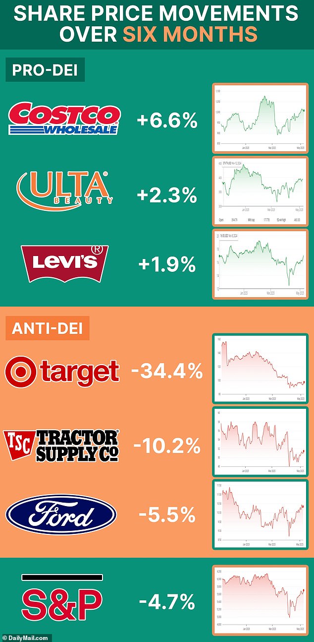 Some of the most visible DEI defenders have posted six-month stock rises, outperforming the bellwether S&P 500. Companies that cut back have lost some ground.