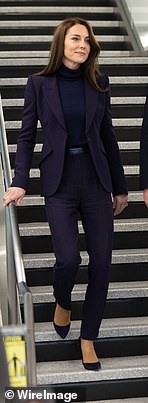 The business-like navy tailored Alexander McQueen suit was a hit in Boston, 2022