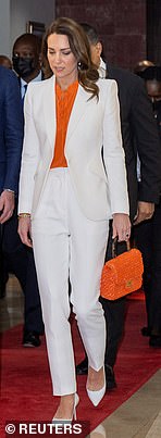 Catherine in the white Alexander McQueen suit during their Caribbean tour, 2022