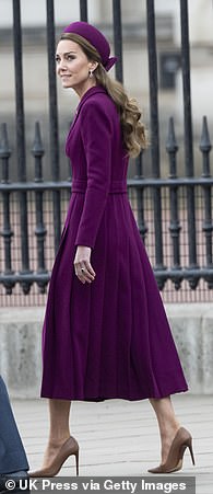 The Princess wore this burgundy coat-dress at the VE Day celebrations