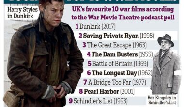 A graphic showing the top 10 World War Two films as voted for by the British public