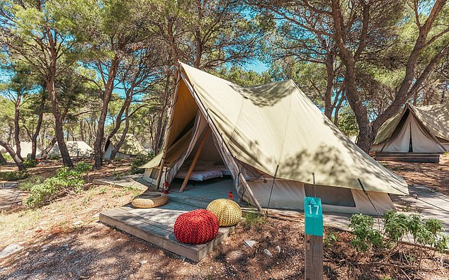 O-tents (pictured above) are the resort's 'remake of classic camping' and each tent comes with air conditioning' while guests use shared toilet and shower facilities