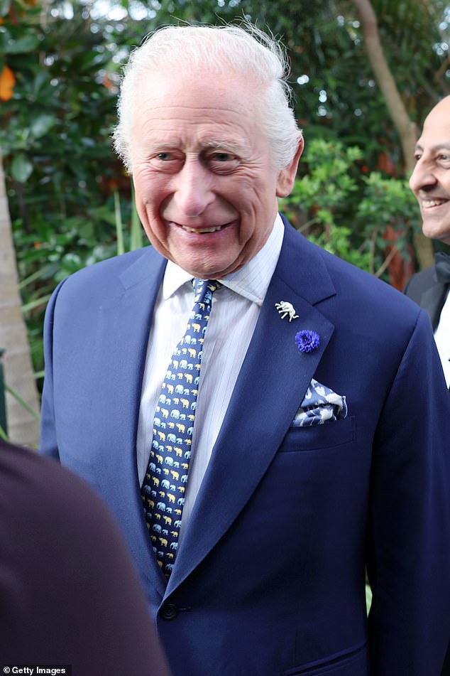 The King looked dapper in his blue two-piece suit, which he paired with a blue elephant print tie, and small elephant pin