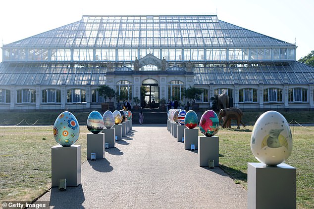 Some of the eggs from the Big Egg Hunt were placed outside the venue in Kew for the event on Tuesday