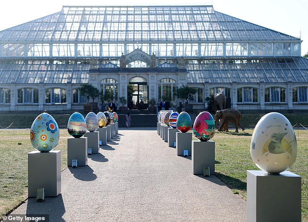 Some of the eggs from the Big Egg Hunt were placed outside the venue in Kew for the event on Tuesday