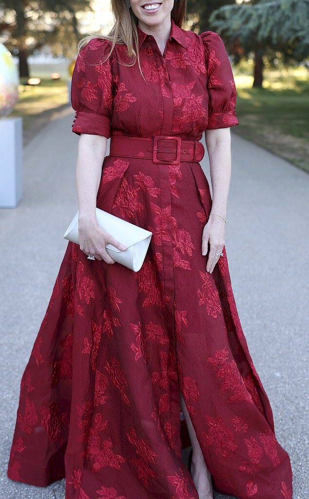 Princess Beatrice arrived in a stunning £960 floor-length crimson gown by Rebecca Vallance