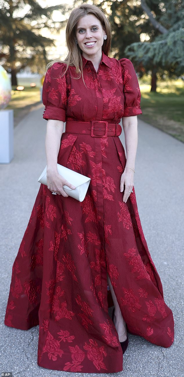 Princess Beatrice arrived in a stunning £960 floor-length crimson gown by Rebecca Vallance
