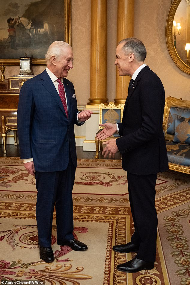 King Charles III during an audience with Mark Carney, the prime minister of Canada, at Buckingham Palace on March 17, 2025