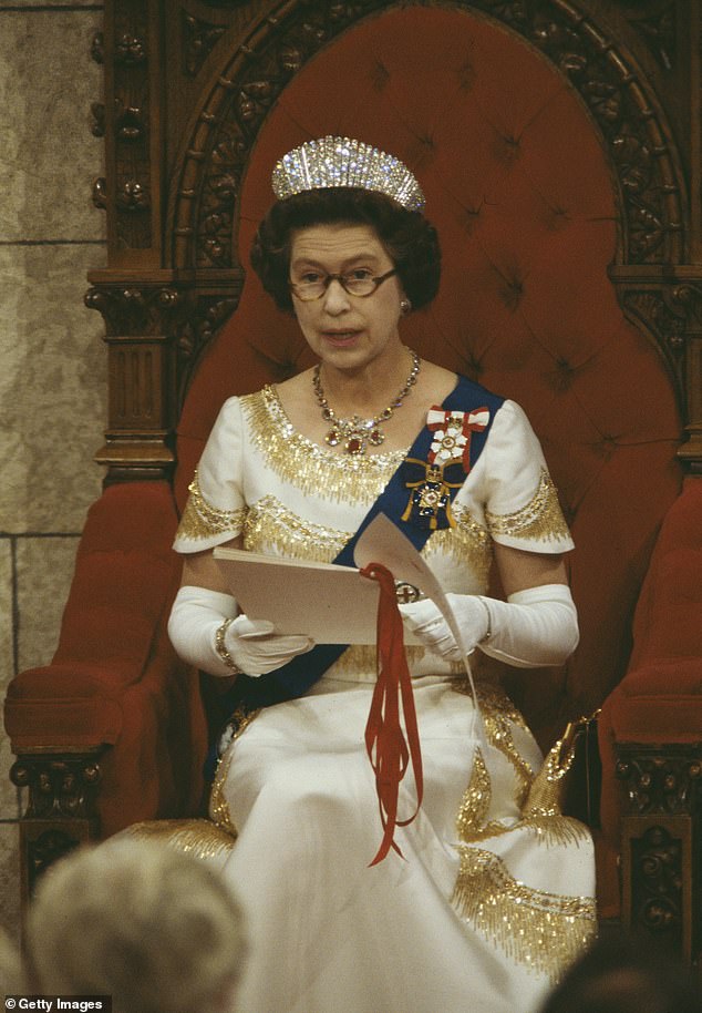 King Charles' mother Queen Elizabeth reading the Throne Speech in the Senate Chamber of the Canadian Parliament during her Silver Jubilee Tour on October 18, 1977 - the last monarch to have the honour