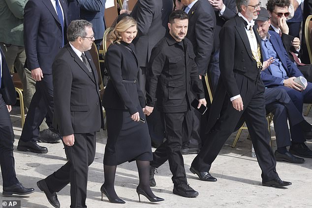 Ukraine's President Volodymr Zelensky and first lady Olena Zelenska arrive for Pope Leo XIV's formal inauguration of his pontificate