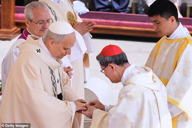 Cardinal Luis Antonio Tagle places the Ring of the Fisherman on the finger of Pope Leo XIV