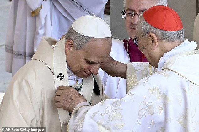 Pope Leo XIV receives the pallium by French Cardinal Dominique Mamberti