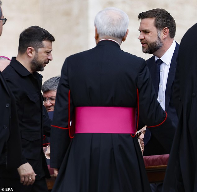 The Ukrainian president and US vice president were pictured together at the inauguration of new Pope Leo XIV on Sunday