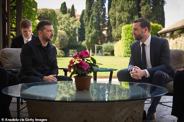 Ukrainian President Volodymyr Zelensky (left) meets with U.S. Vice President JD Vance (right) following the inauguration ceremony of Pope Leo XIV in Vatican City