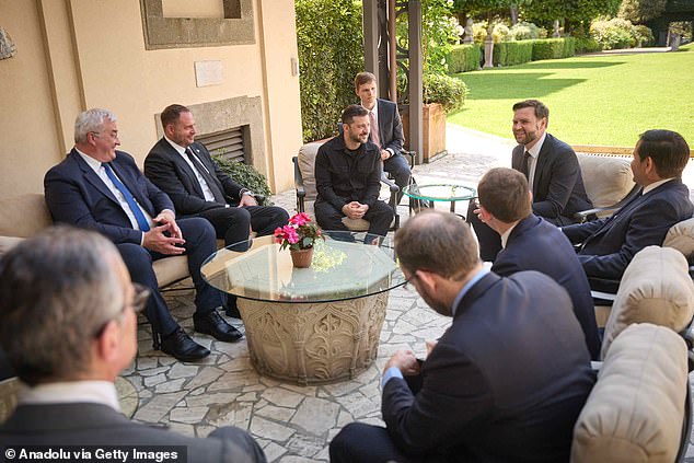 Zelensky meeting with Vance and other senior Trump administration officials such as Secretary of State Marco Rubio following the new Pope's inaugural mass