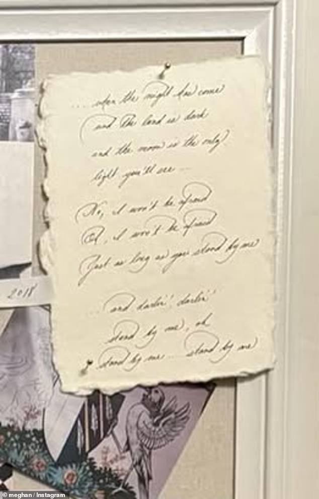 Meghan appears to have handwritten the lyrics of Ben E King's Stand by Me that was performed at her and Prince Harry's 2018 wedding