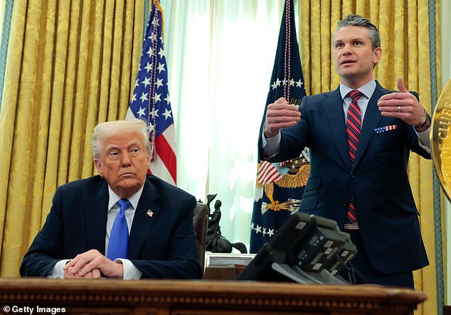 Following President Trump's return to office in January, the Pentagon has intensified its efforts to clamp down on leaks. Pictured: President Donald Trump and US Secretary of Defense Pete Hegseth deliver remarks in the Oval Office of the White House