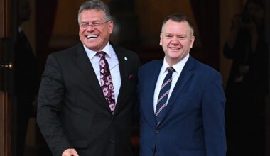 Cabinet Office minister Nick Thomas-Symonds (right) has written to European counterparts urging them to allow Brits to use e-gates ¿now¿. Above, last week he and and European Commissioner for Trade and Economic Security Maros Sefcovic (left) attended the EU-UK Summit