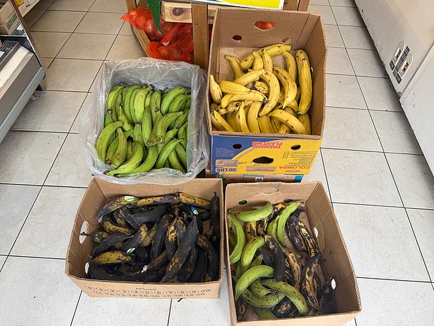 Black bananas (pictured) were up for sale in a box at the front of the store