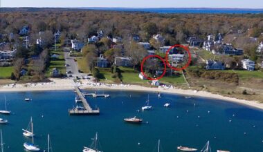 Loberg claims elderly tenants from Havenside were illegally crossing her land to get to Vineyard Haven Harbor (her property is circled in red on the left, and the senior home is circled on the right)