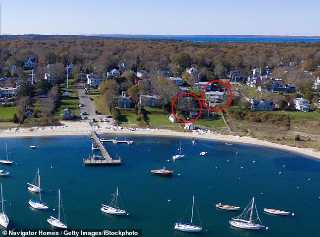 Loberg claims elderly tenants from Havenside were illegally crossing her land to get to Vineyard Haven Harbor (her property is circled in red on the left, and the senior home is circled on the right)