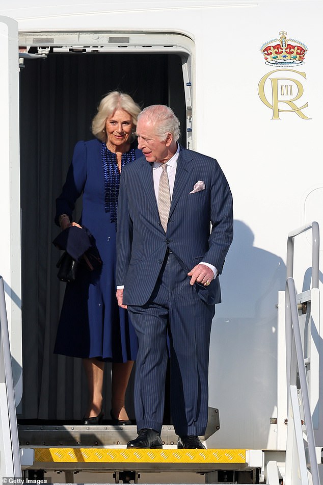 Charles and Queen exit the airplane during a state visit to The Republic of Italy on April 7