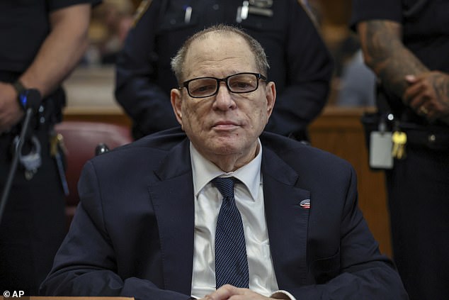 Weinstein is in the middle of a retrial on rape and sexual assault charges before a New York Supreme Criminal Court jury in Manhattan (pictured on Thursday morning)