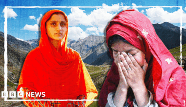 Nimra (left) and Sanam (right) pictured in a photomontage in front of Kashmir's mountainous landscape under blue skies. Nimra wears an orange headscarf and a patterned dress, while Sanam on the right wears a red headscarf and cries with her hands covering her face.
