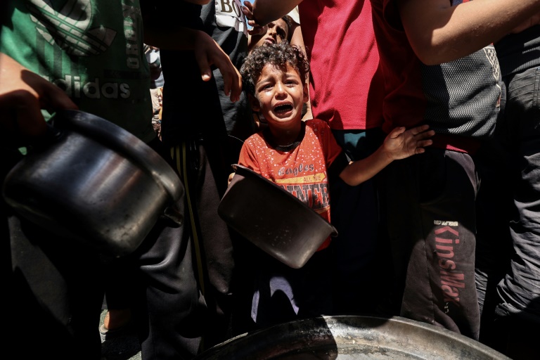 Un enfant pleure au milieu de Palestiniens qui attendent de recevoir un repas chaud distribué par une association caritative locale à Nousseirat, dans le centre de la bande de Gaza, le 24 mai 2025 (Eyad BABA)
