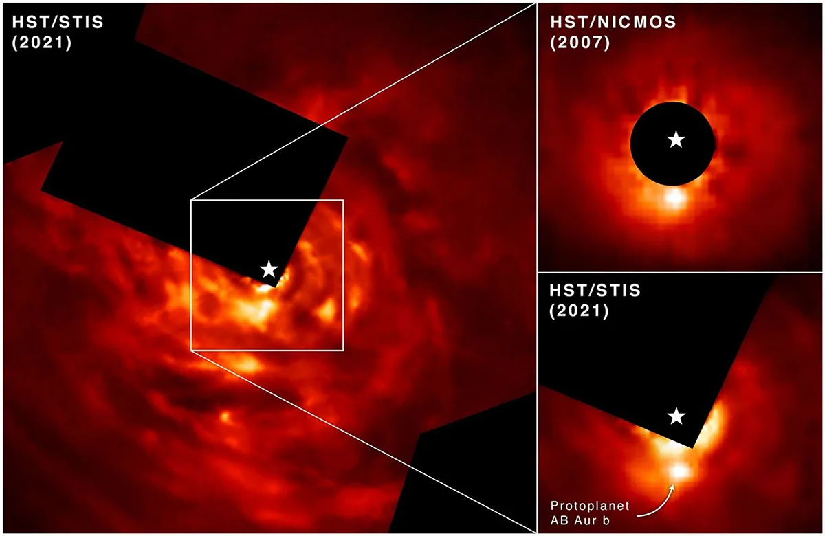 Images of exoplanet AB Aurigae b captured by the Hubble Space Telescope. Credit: NASA, ESA, Thayne Currie (Subaru Telescope, Eureka Scientific Inc.); Image Processing: Thayne Currie (Subaru Telescope, Eureka Scientific Inc.), Alyssa Pagan (STScI)