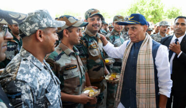 India Pakistan news Live: Defence Minister Rajnath Singh interacts with Soldiers at Bhuj Air Force Station, in Bhuj on Friday.