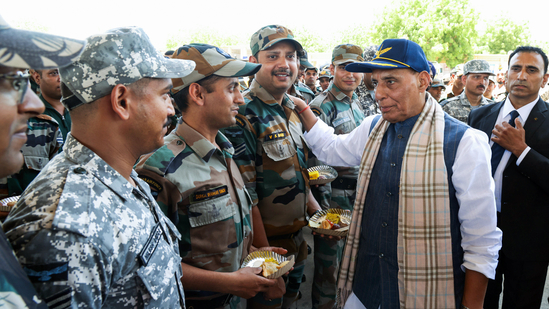 India Pakistan news Live: Defence Minister Rajnath Singh interacts with Soldiers at Bhuj Air Force Station, in Bhuj on Friday. India Pakistan news Live: Defence Minister Rajnath Singh interacts with Soldiers at Bhuj Air Force Station, in Bhuj on Friday.