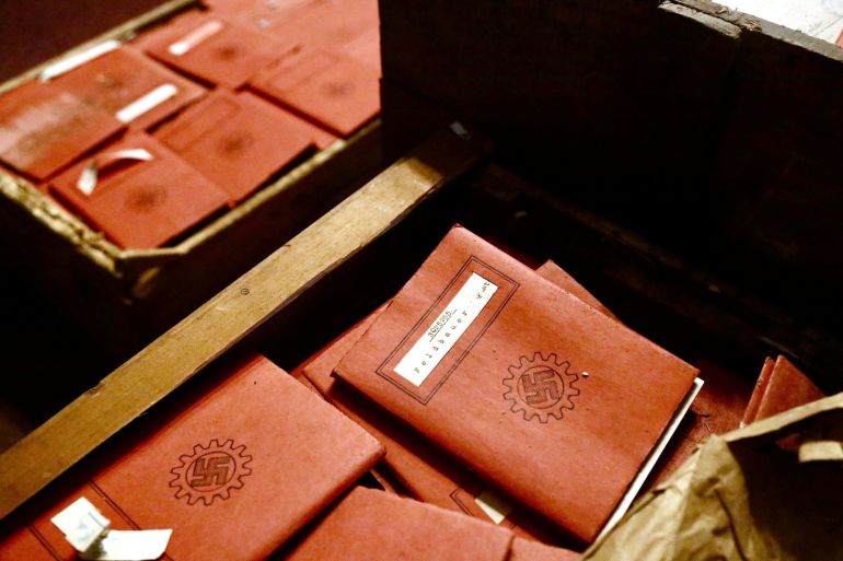 Argentina's Supreme Court on Sunday, May 11, 2025, documents associated with the Nazi regime sit in boxes found by staffers in the court's archives