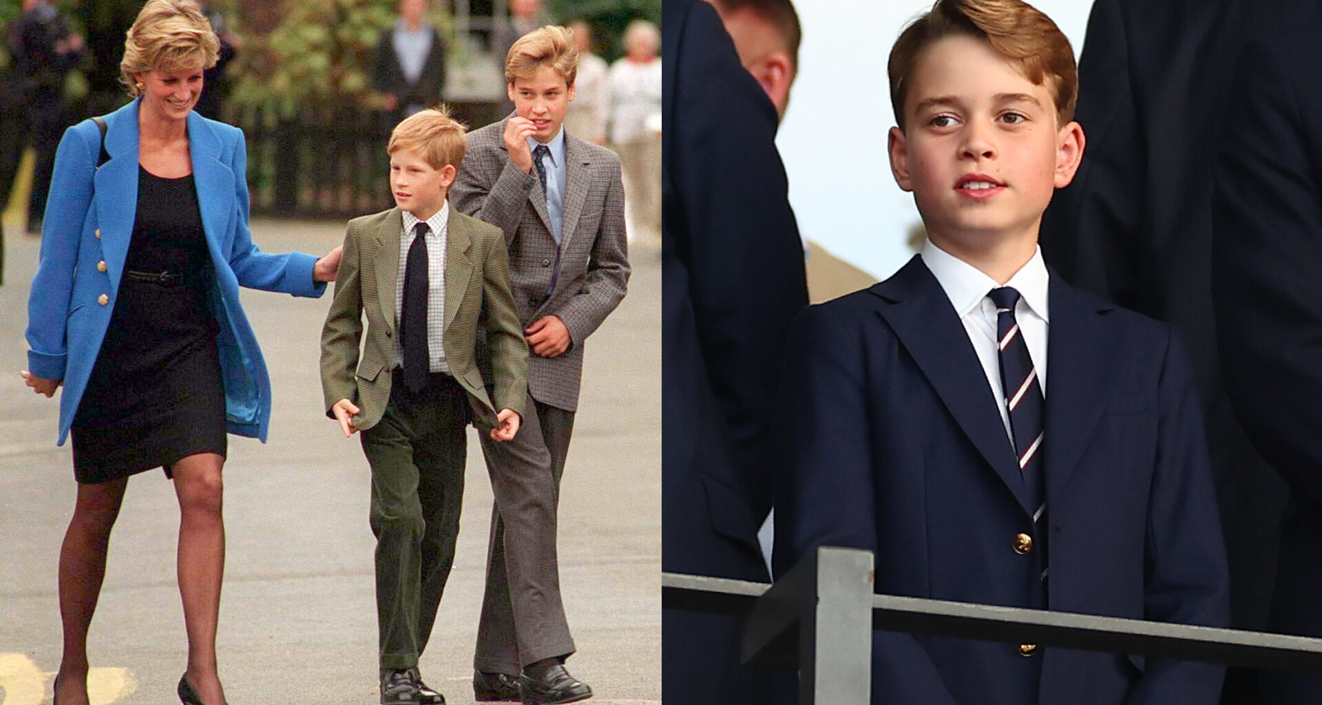 Princess Diana walking with Prince Harry and Prince William next to a photo of Prince George in a suit and tie
