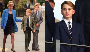 Princess Diana walking with Prince Harry and Prince William next to a photo of Prince George in a suit and tie