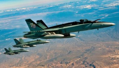 A three-ship of F/A-18 Hornets, Royal Australian Air Force, fly in a training mission during Red Flag 12-3 March 9, 2012, over the Nevada Test and Training Range. Members of the RAAF participate in the Red Flag exercise every other year. (U.S. Air Force photo by Senior Airman Brett Clashman)