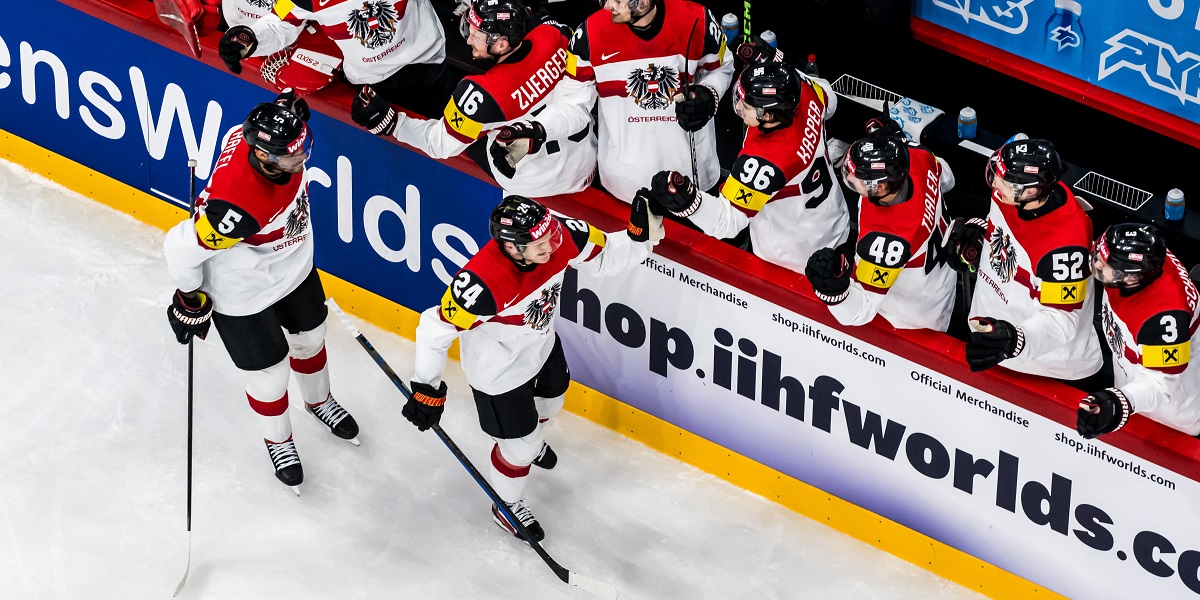 Österrike firar 1-0 mot Tre Kronor i Hockey VM 2025