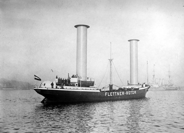 The Buckau, the Flettner Rotor Ship, photographed in 1924. (Wikimedia Commons)