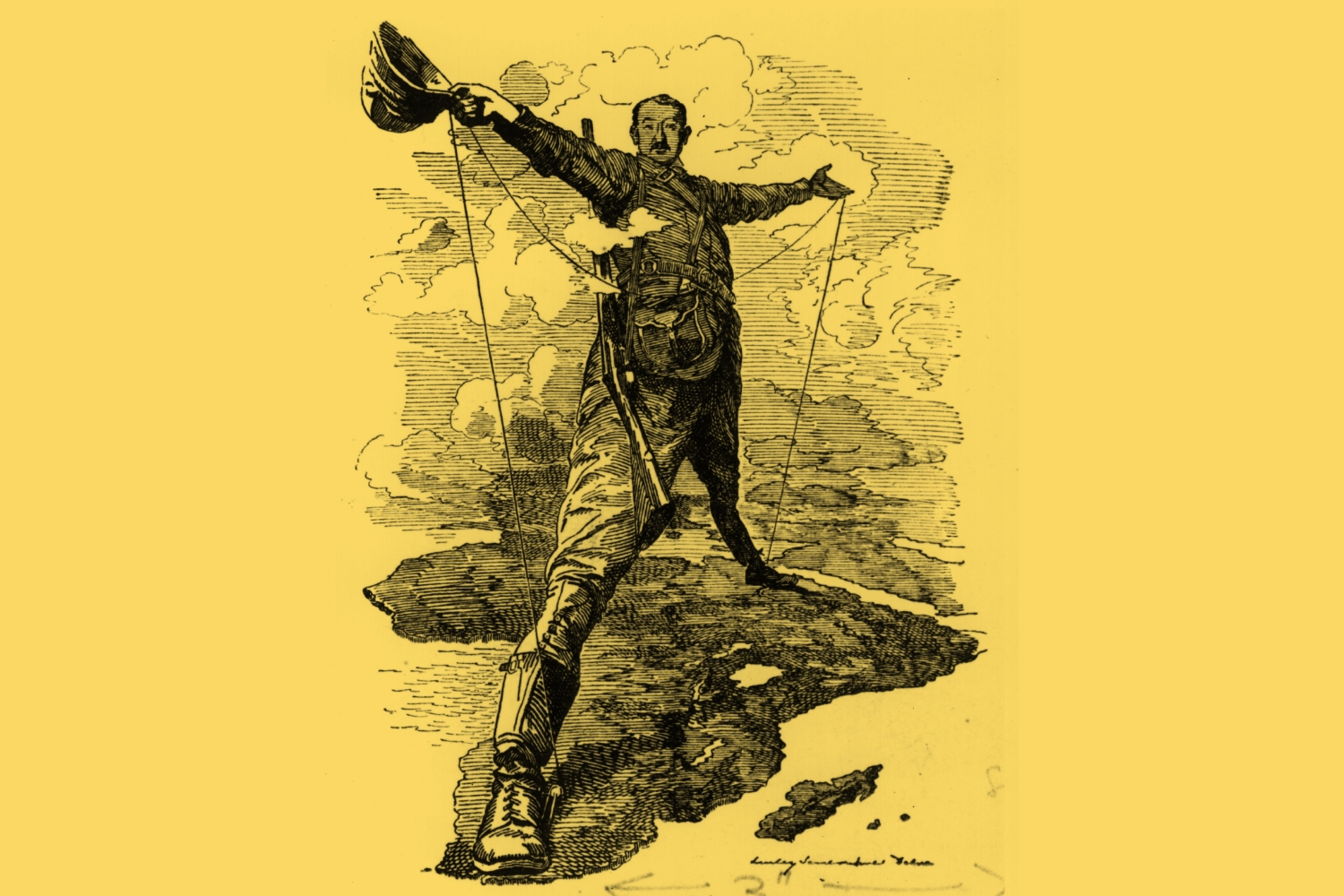 A caricature titled "The Rhodes Colossus" depicts the imperialist Cecil Rhodes standing on a map of Africa.