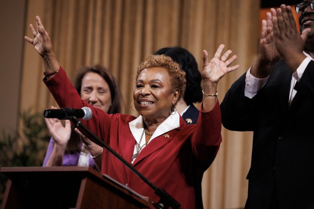 Newly elected Oakland Mayor Barbara Lee speaks after being sworn at City Hall in Oakland, Calif., on Tuesday, May 19, 2025. (Dai Sugano/Bay Area News Group)
