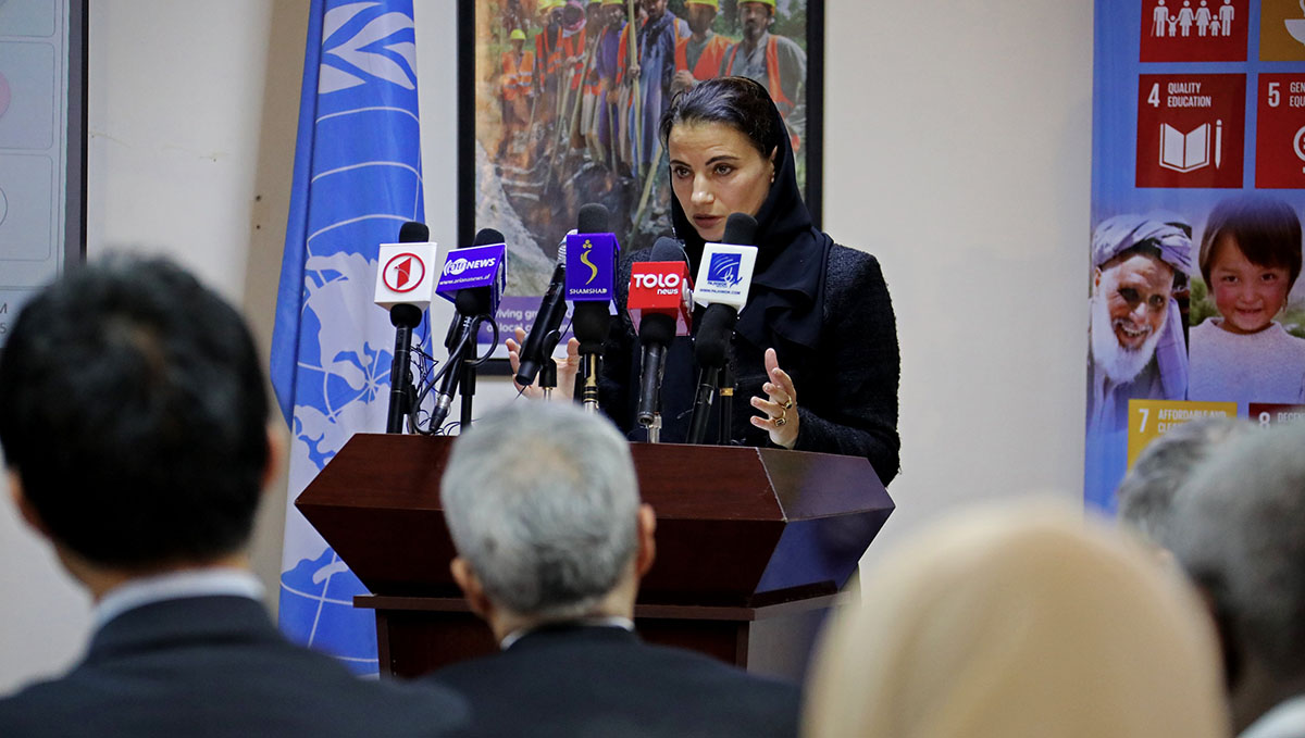 Veronika Boskovic Pohar, the EU Chargée d’Affaires in Afghanistan, during a press briefing on the economic cost of excluding Afghan women. (Photo Credit: @EUinAfghanistan)