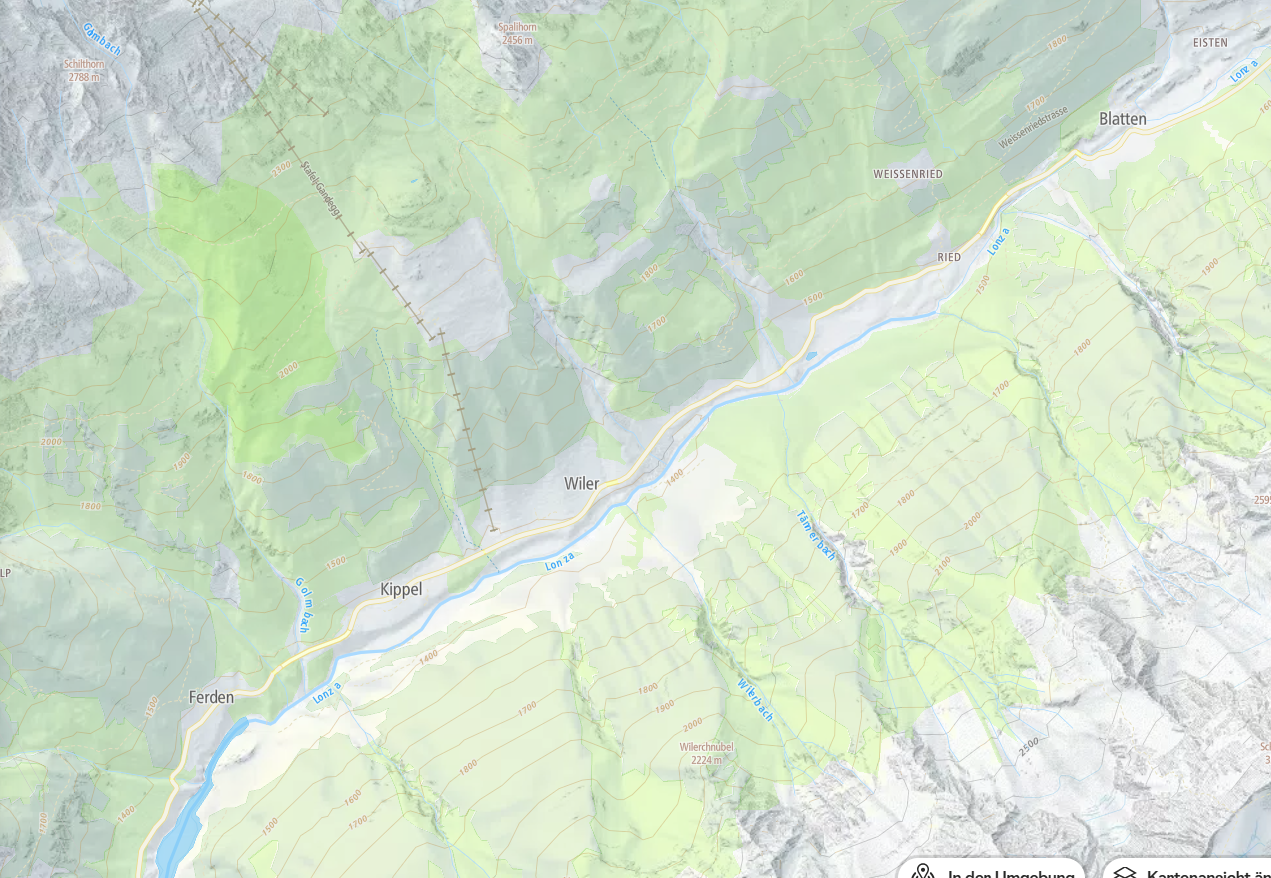 Topografische Karte des Lötschentals in der Schweiz, zeigt Orte wie Freden, Kippel und Blatten, sowie den Flussverlauf.