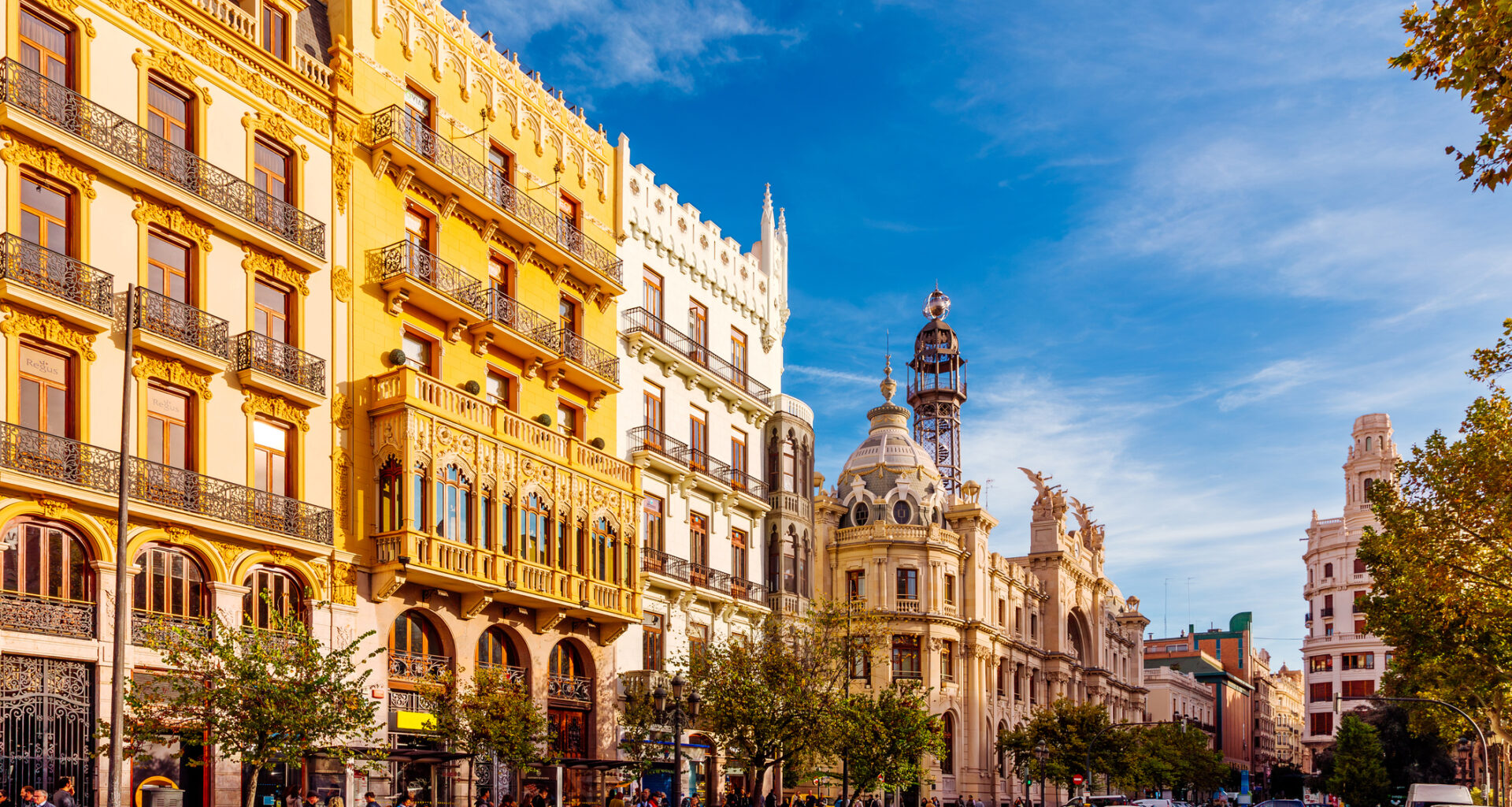 Plaza del Ayuntamiento square with historic buildings on a sunny day, Valencia, Spain, Europe