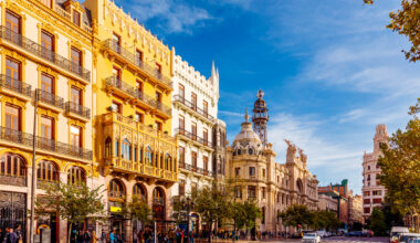 Plaza del Ayuntamiento square with historic buildings on a sunny day, Valencia, Spain, Europe