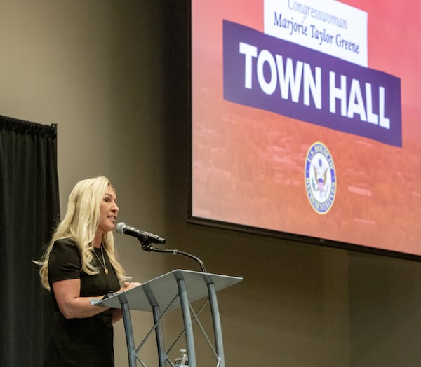 U.S. Rep. Marjorie Taylor Greene holds a town hall in Acworth on Tuesday, April 15, 2025. Protesters lined the street outside and disrupted the meeting multiple times. (Jenni Girtman for the AJC)