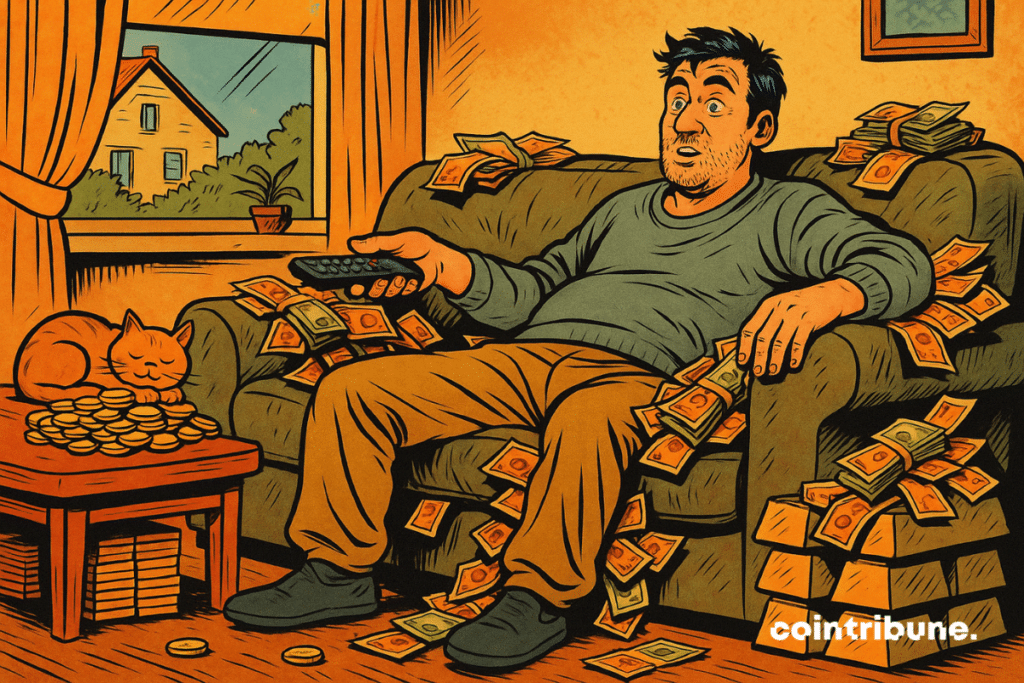 40-year-old man in sweatpants, sitting calmly with a remote control in hand.