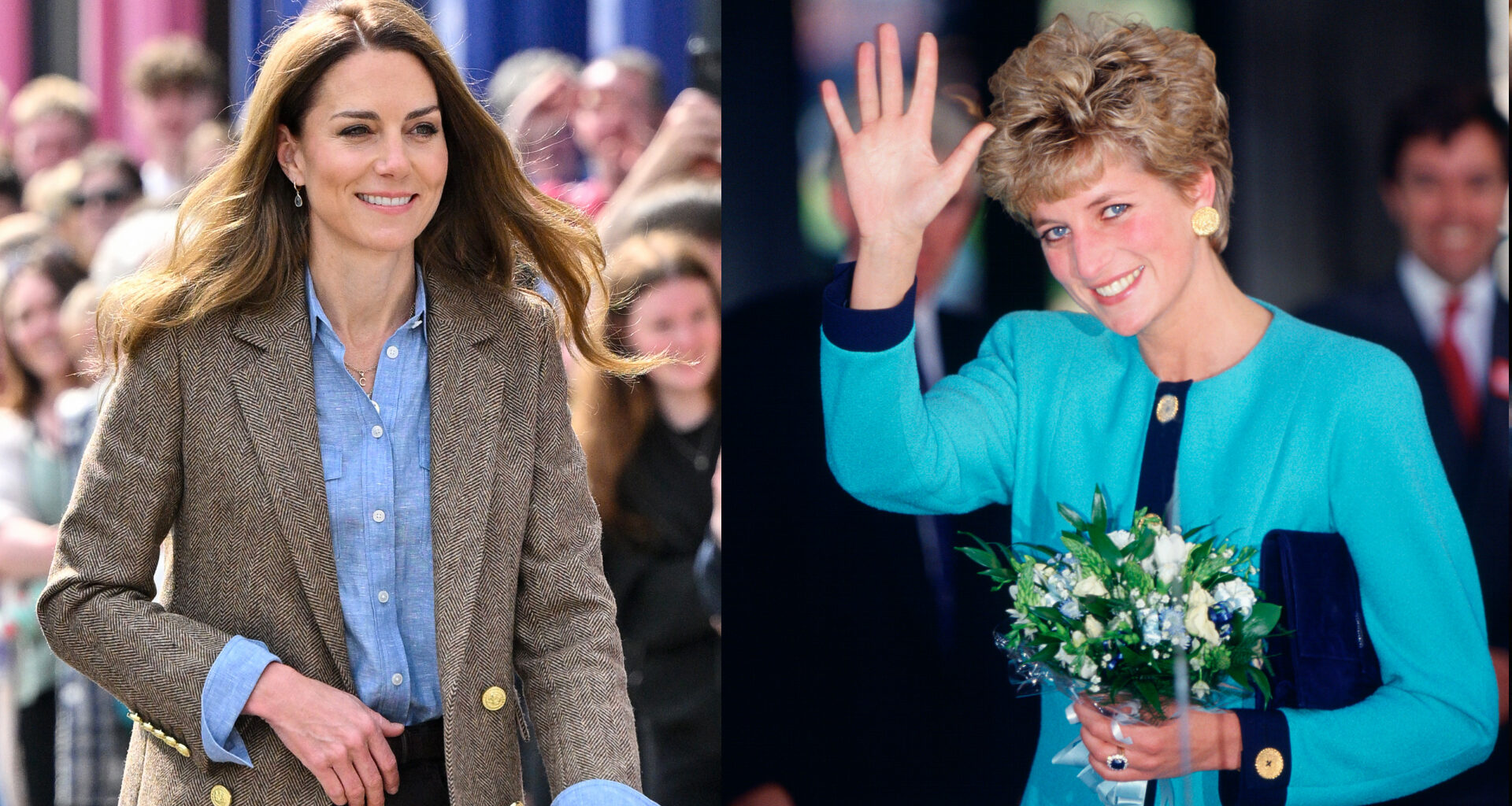 Kate Middleton wearing a blue shirt and brown blazer smiling next to a photo of Princess Diana waving in a turquoise jacket