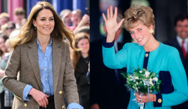 Kate Middleton wearing a blue shirt and brown blazer smiling next to a photo of Princess Diana waving in a turquoise jacket